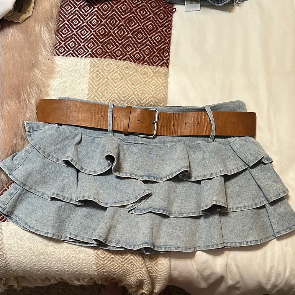 Emory Park Denim Mini Skirt with Ruffled Tiers and Leather Belt